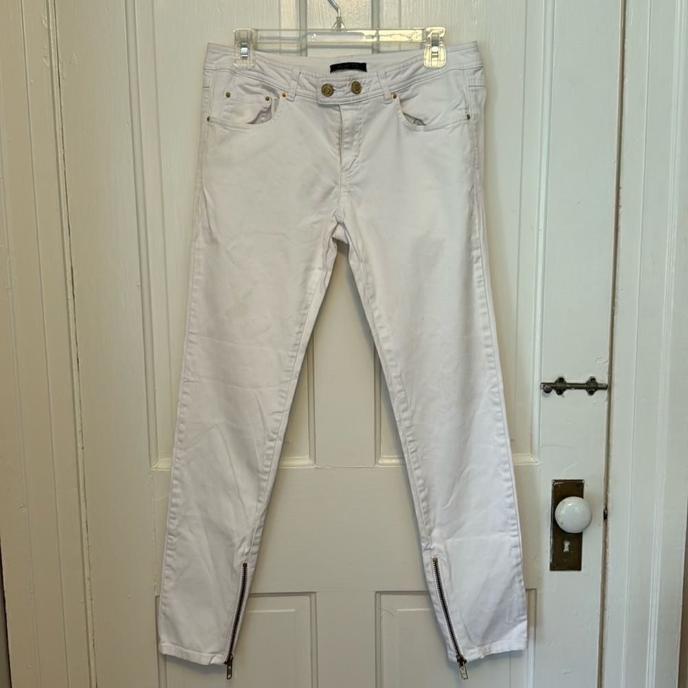 Rachel Zoe white stretch skinny jeans ankle gold detail zipper legs 29